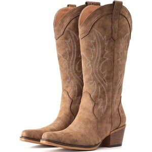 Women's Western Cowgirl Boots with Chunky Heel Mid Calf Snip Toe Boots Brown